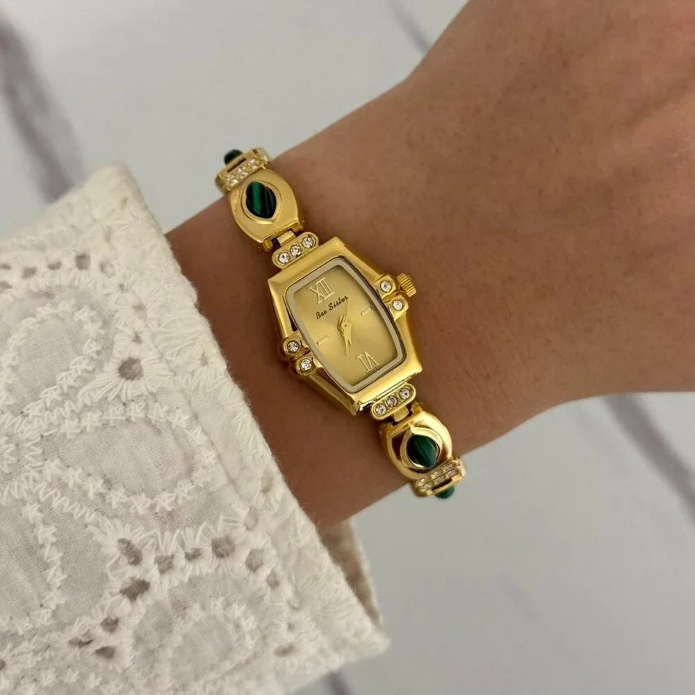 SKU0071Casual Gold Green Gemstones Women Fashion Watch‎ stainless steel+gift bag
